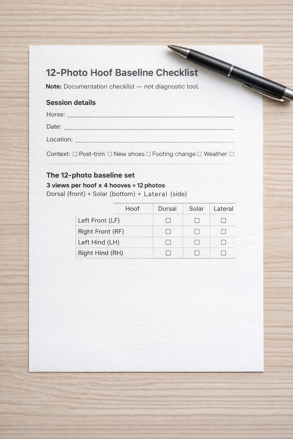 Printed 12-photo hoof baseline checklist with a pen