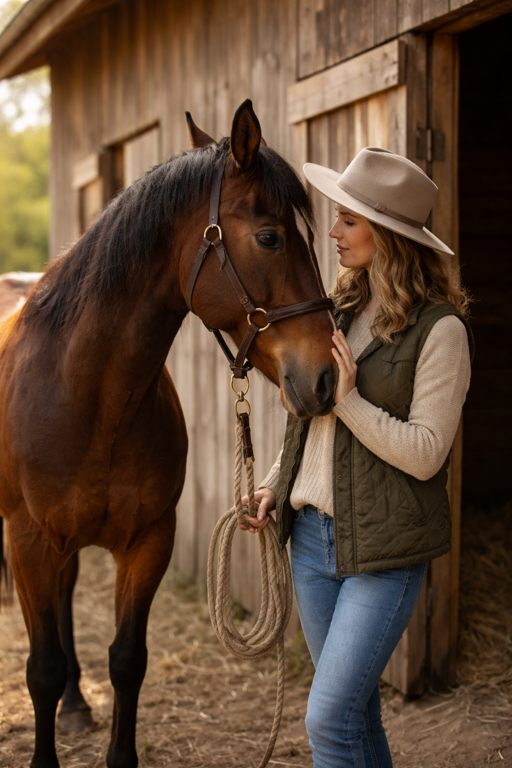 Horse standing with handler